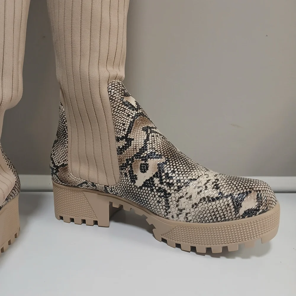 Tan Snakeskin Lug Sole Stretch Ribbed Knit Over-the-Knee Thigh Boot 10 NWOT